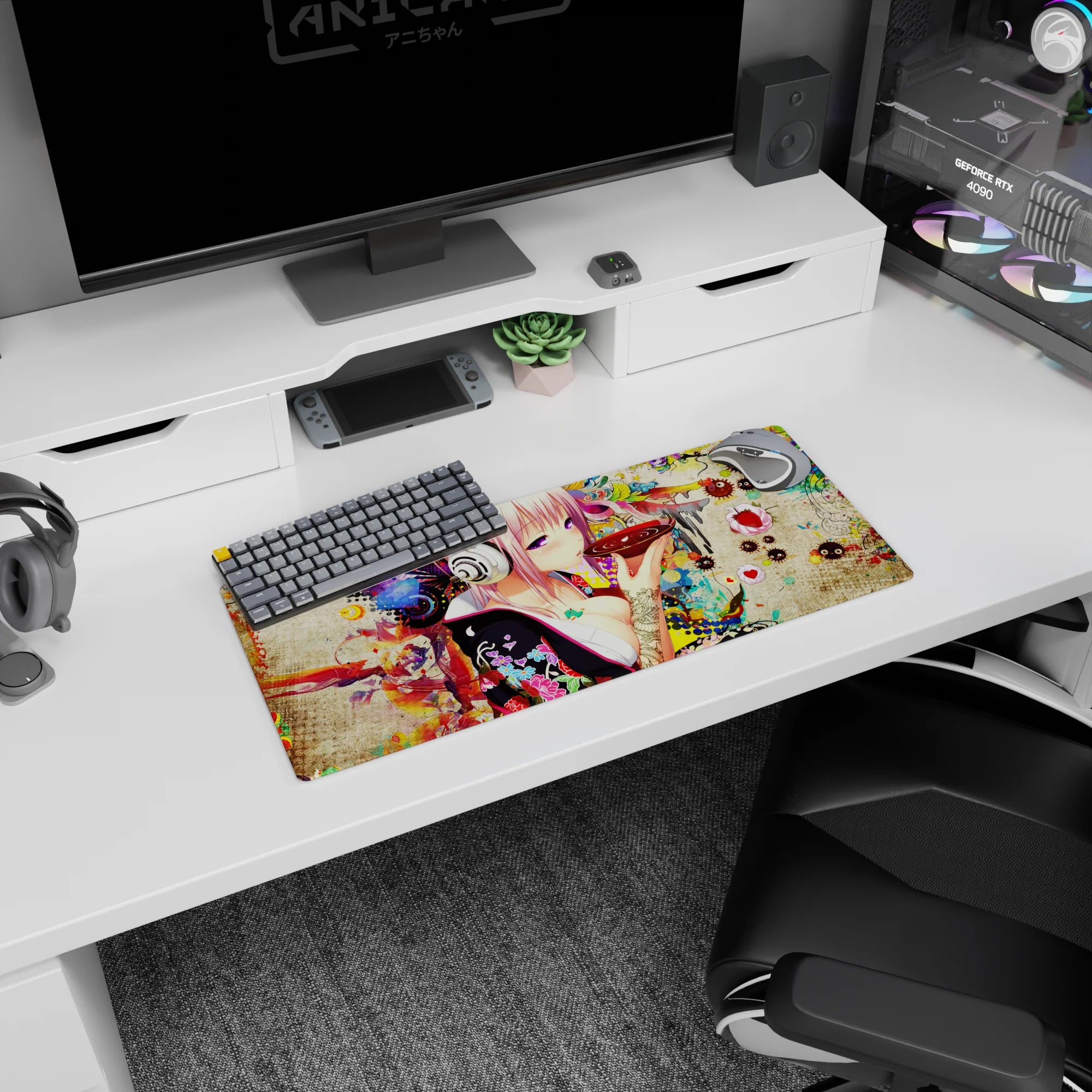 28x12 inches desk mouse pad showing pink-haired girl in silver headphones sipping from a glossy red bowl.
