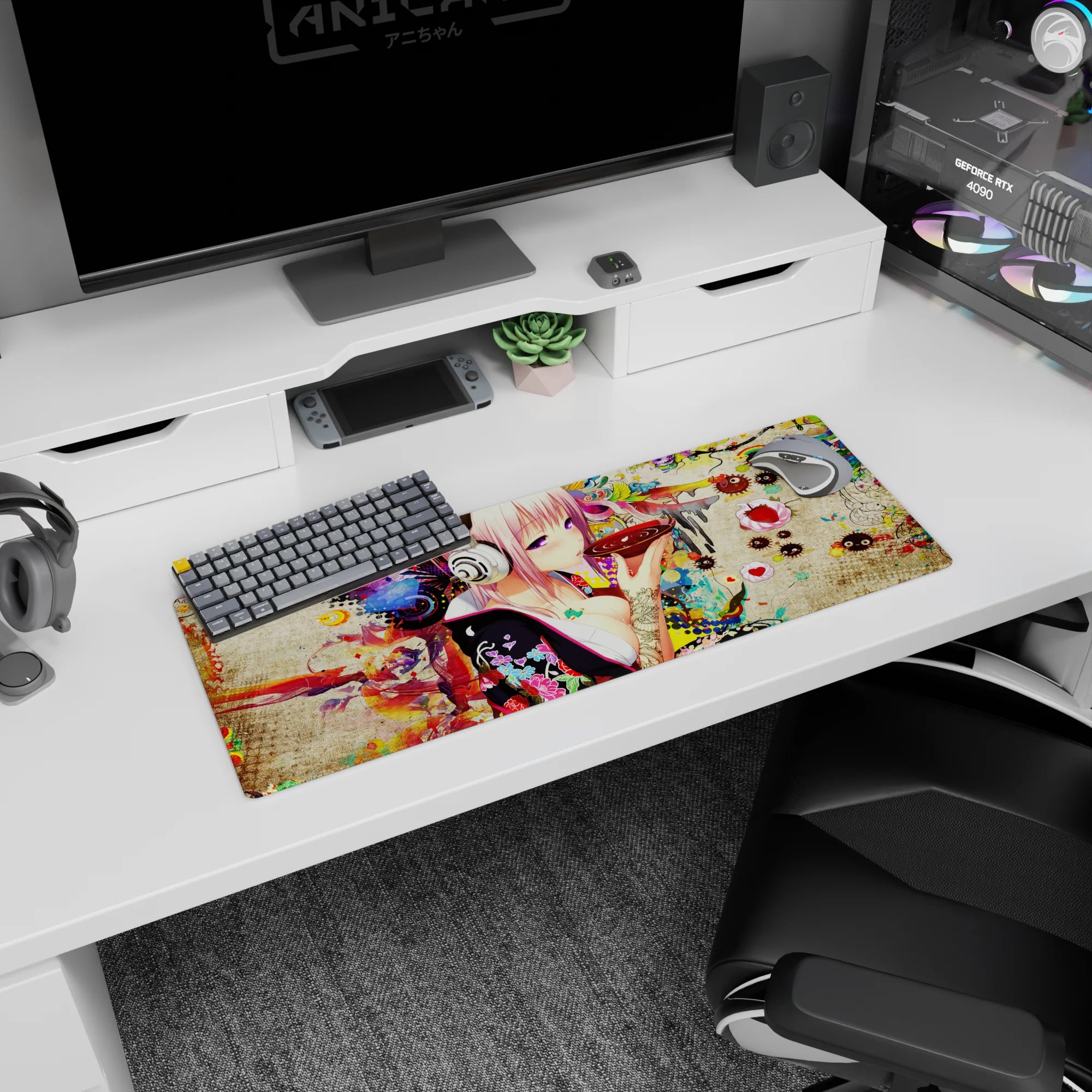 Pink-haired anime girl in silver headphones sipping from a red bowl on a 32x12 inches mouse pad.