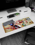 Pink-haired anime girl in silver headphones sipping from a red bowl on a 32x12 inches mouse pad.