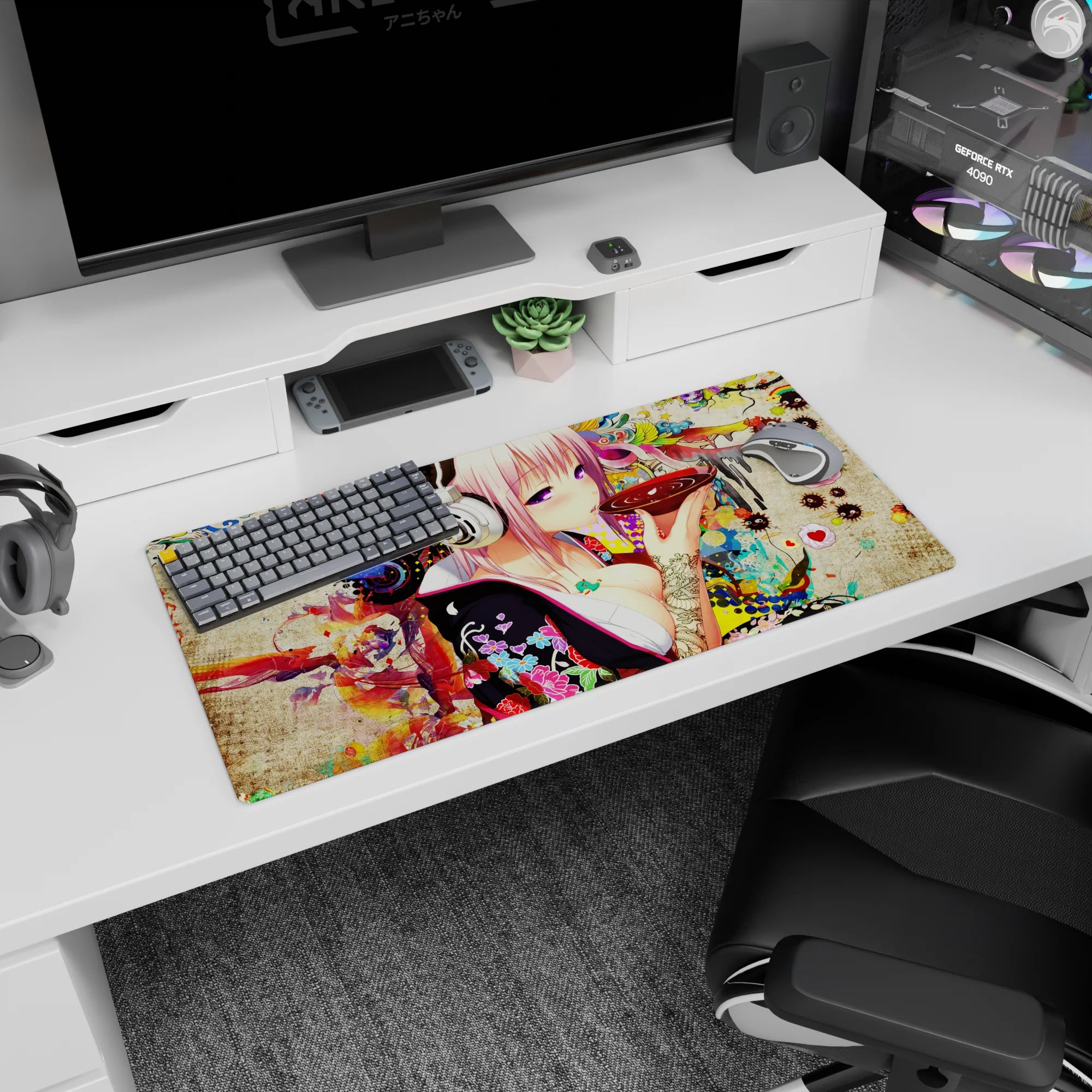 32x16 inches mouse pad featuring pink-haired girl in silver headphones sipping from a glossy red bowl.