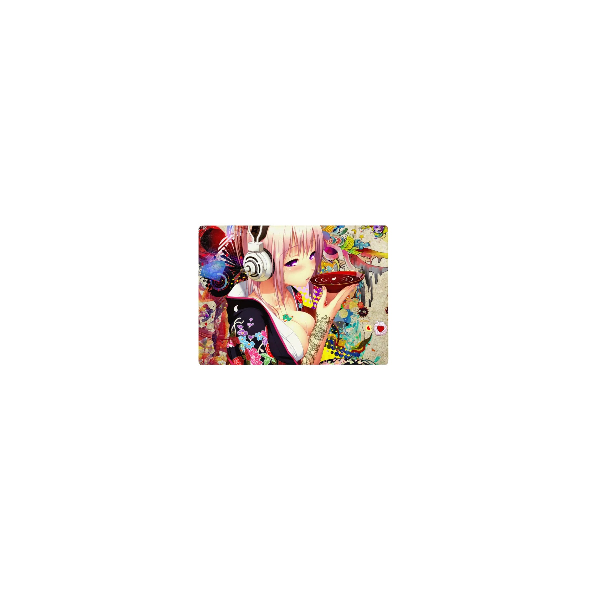 14x10 inches classic anime girl mouse pad with pink-haired girl, silver headphones, neon koi and sprites art.