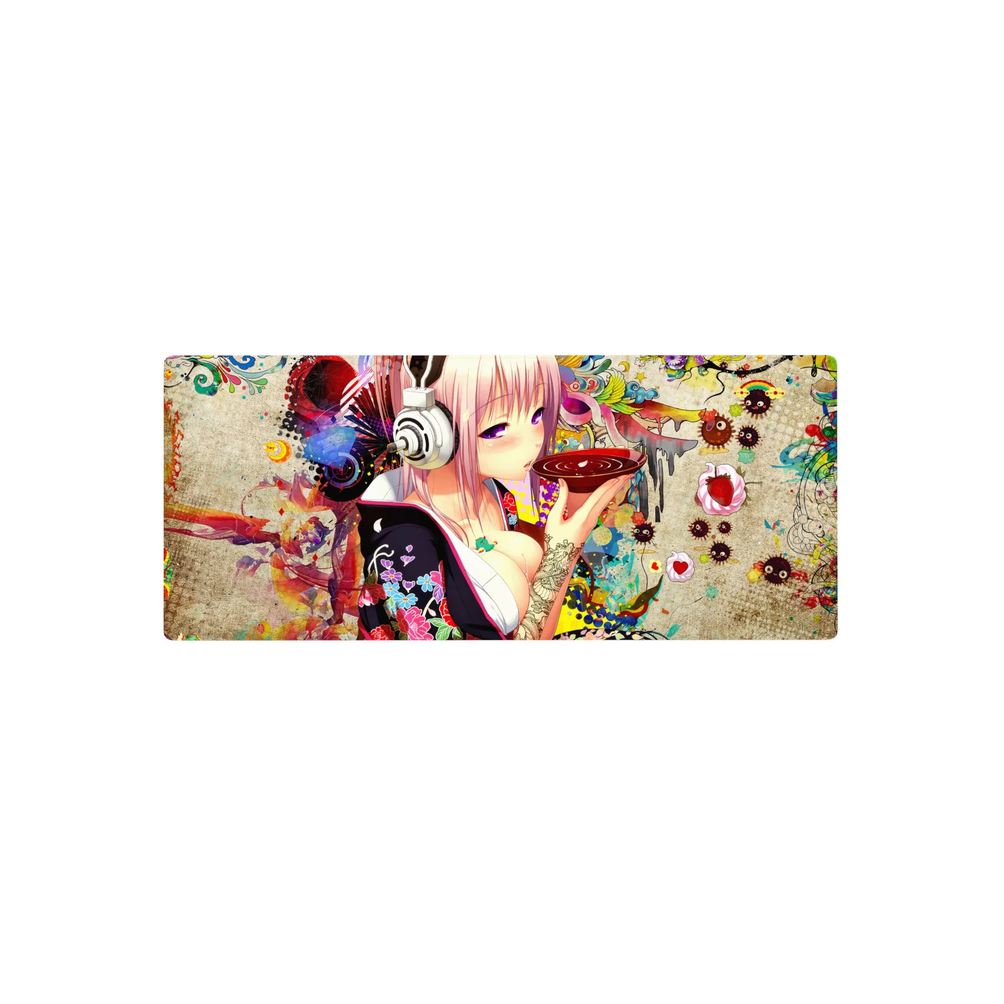 28x12 inches anime girl mouse pad with pink-haired headphone girl, neon splashes, soot sprites, florals.