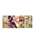 28x12 inches anime girl mouse pad with pink-haired headphone girl, neon splashes, soot sprites, florals.