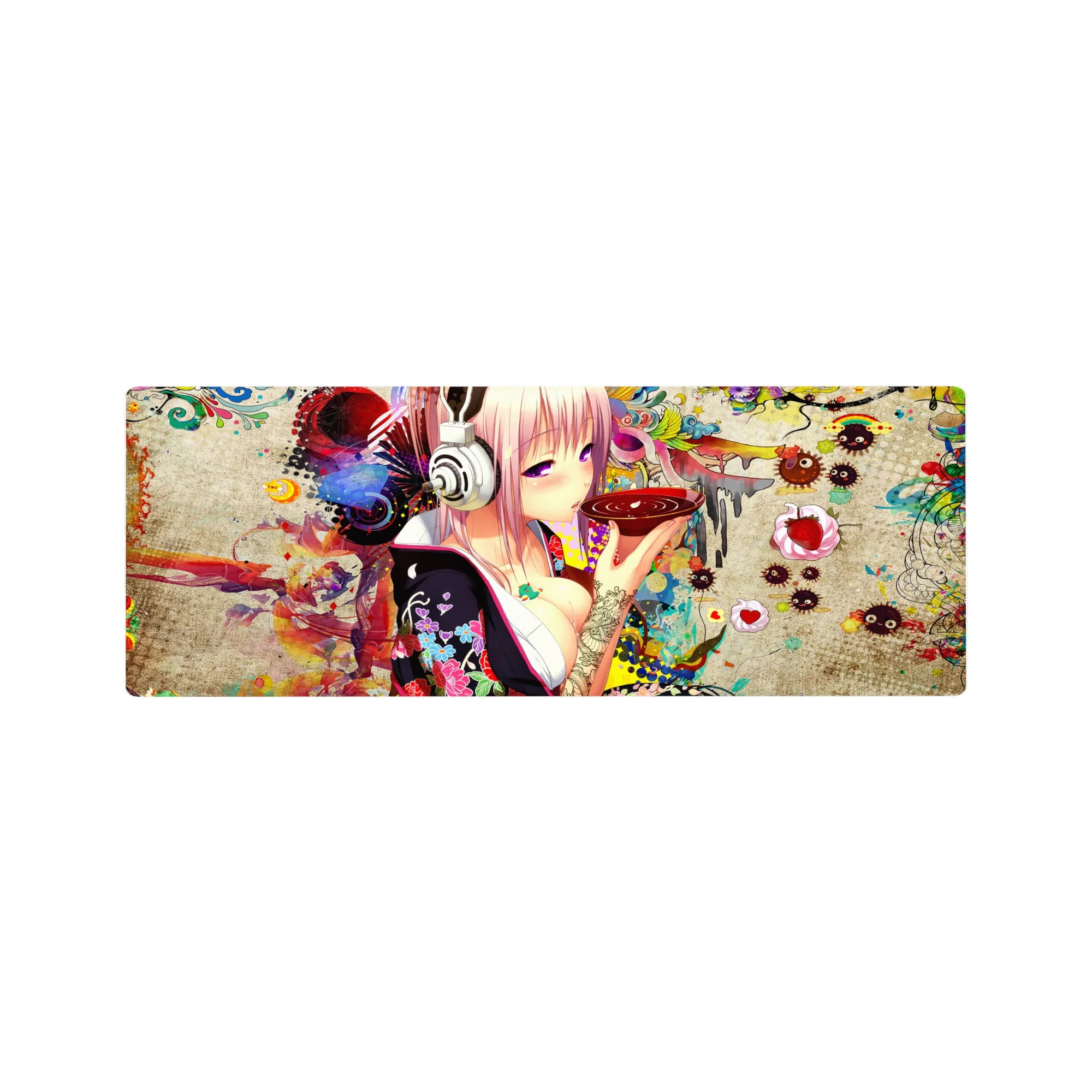 Anime girl mouse pad 32x12 inches with pink-haired otaku art, headphones, neon splashes, soot sprites.