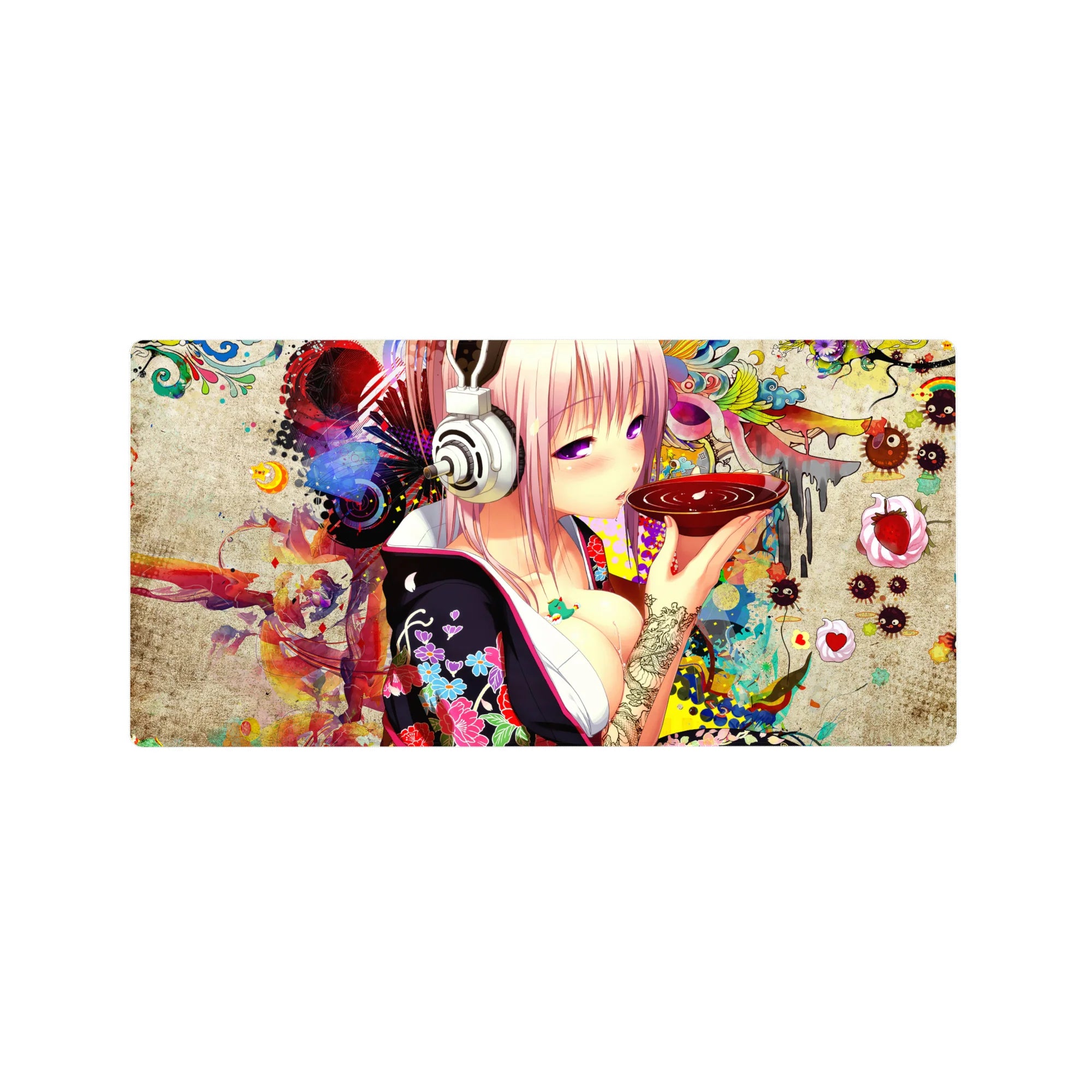 32x16 inches anime girl mouse pad with pink-haired headphone girl, koi reds, soot sprites, candy florals.
