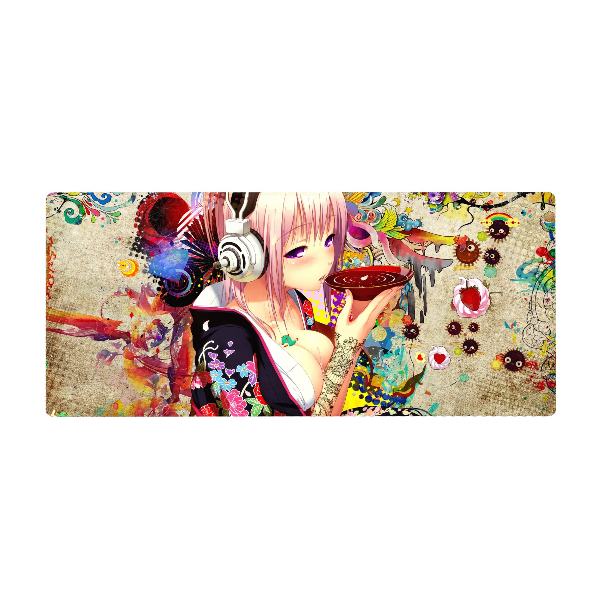 36x16 inches anime girl desk pad with pink-haired girl, silver headphones, and neon koi-inspired collage.