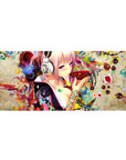 36x16 inches anime girl desk pad with pink-haired girl, silver headphones, and neon koi-inspired collage.