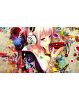 Anime girl desk pad 40x20 inches with pink-haired otaku art, silver headphones, neon koi, soot sprites.
