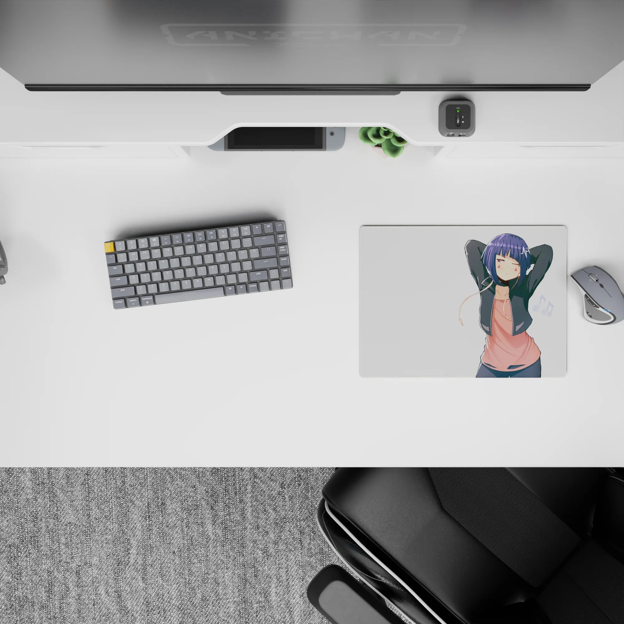 Cozy pastel anime mouse pad 14x10 inches in pink, indigo, and white for a clean, calming desk vibe.