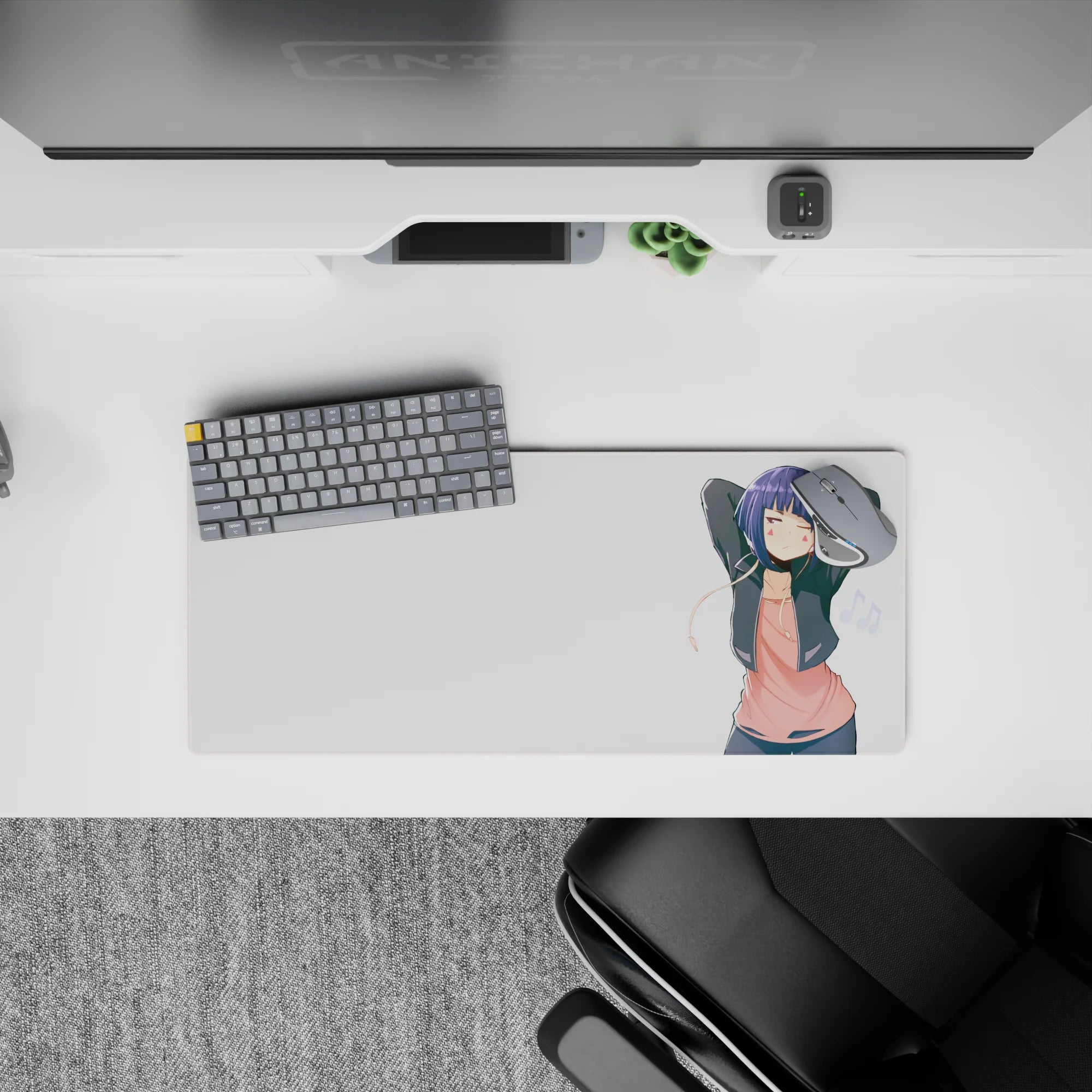 28x12 inches cozy anime mouse pad in soft pink and dark jacket tones, crisp print, minimal cute aesthetic.