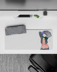 28x12 inches cozy anime mouse pad in soft pink and dark jacket tones, crisp print, minimal cute aesthetic.
