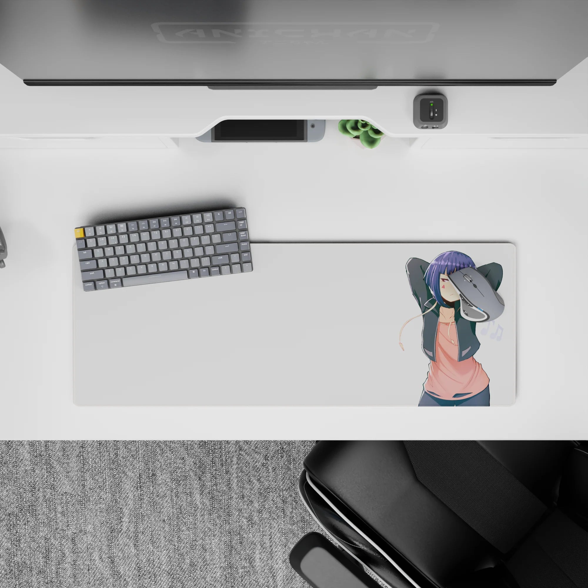Cozy pastel anime desk mat mouse pad 32x12 inches, pink top and dark jacket on a crisp white background.