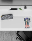 Cozy pastel anime desk mat mouse pad 32x12 inches, pink top and dark jacket on a crisp white background.