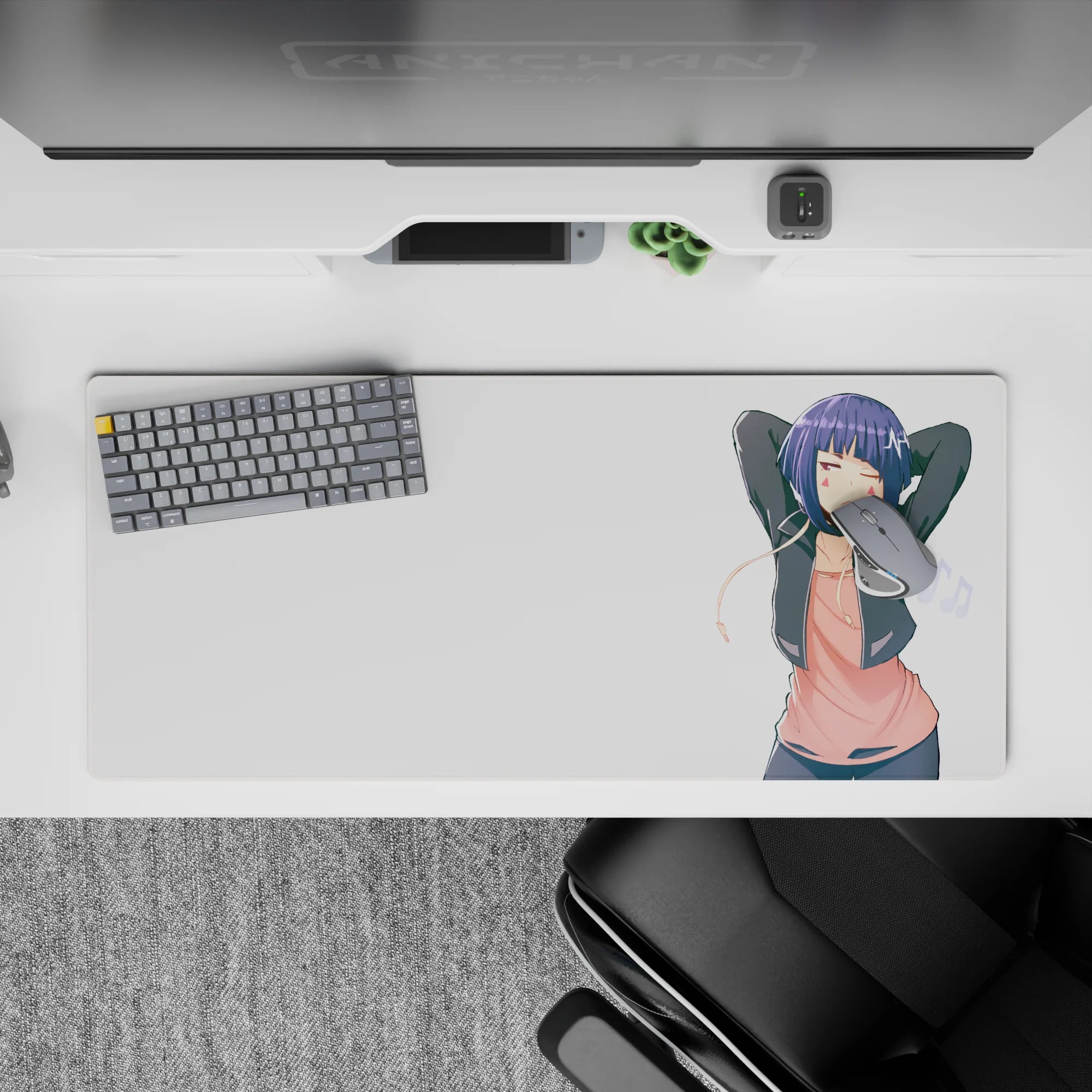 36x16 inches desk pad in cozy pastel tones, pink top and dark jacket, crisp minimalist anime style.