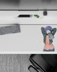 36x16 inches desk pad in cozy pastel tones, pink top and dark jacket, crisp minimalist anime style.