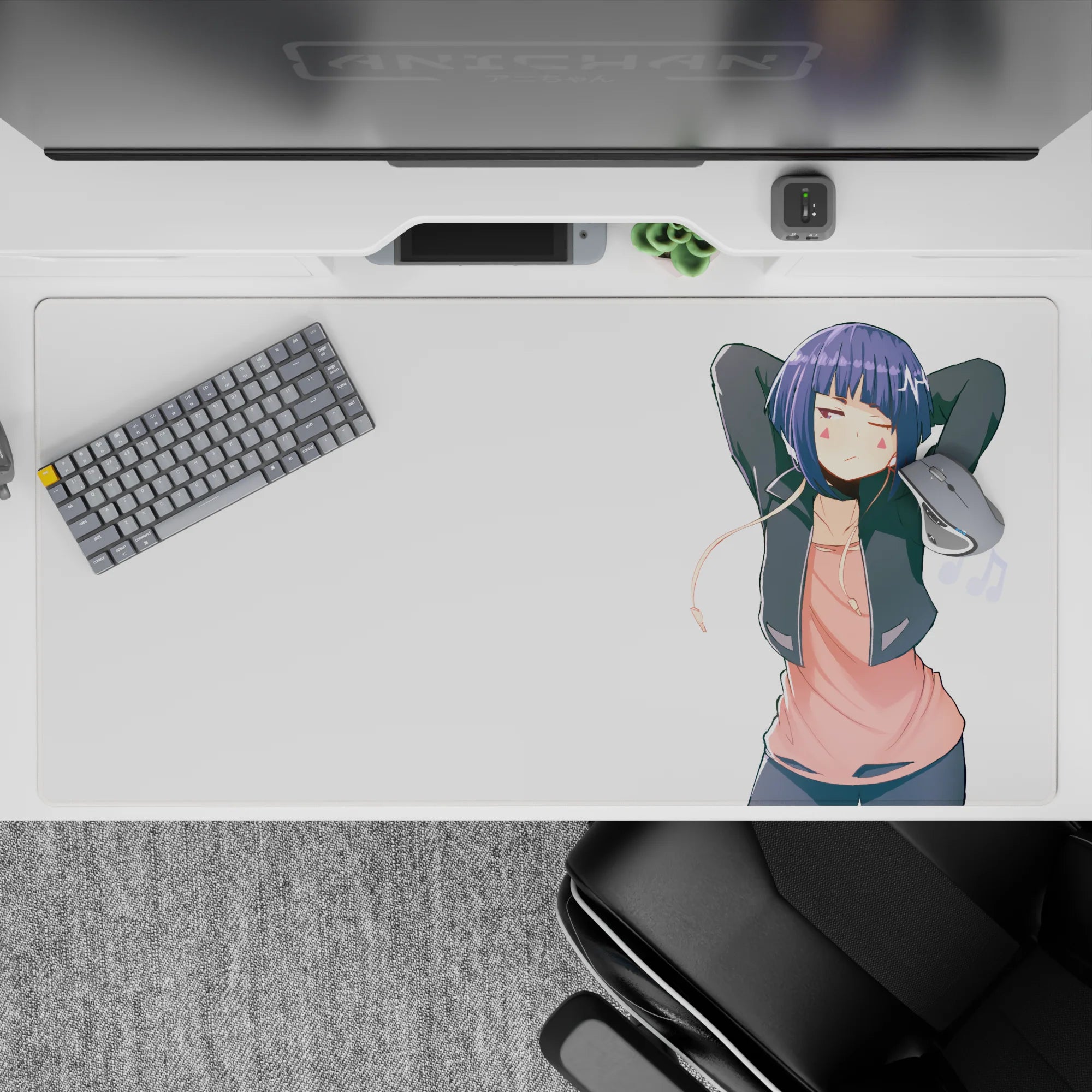 40x20 inches desk pad in soft pink and indigo tones, cozy minimalist anime vibe with crisp print and smooth glide.