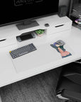 28x12 inches desk mat showing a cute sleepy anime girl stretching with dangling earbuds and floating notes.