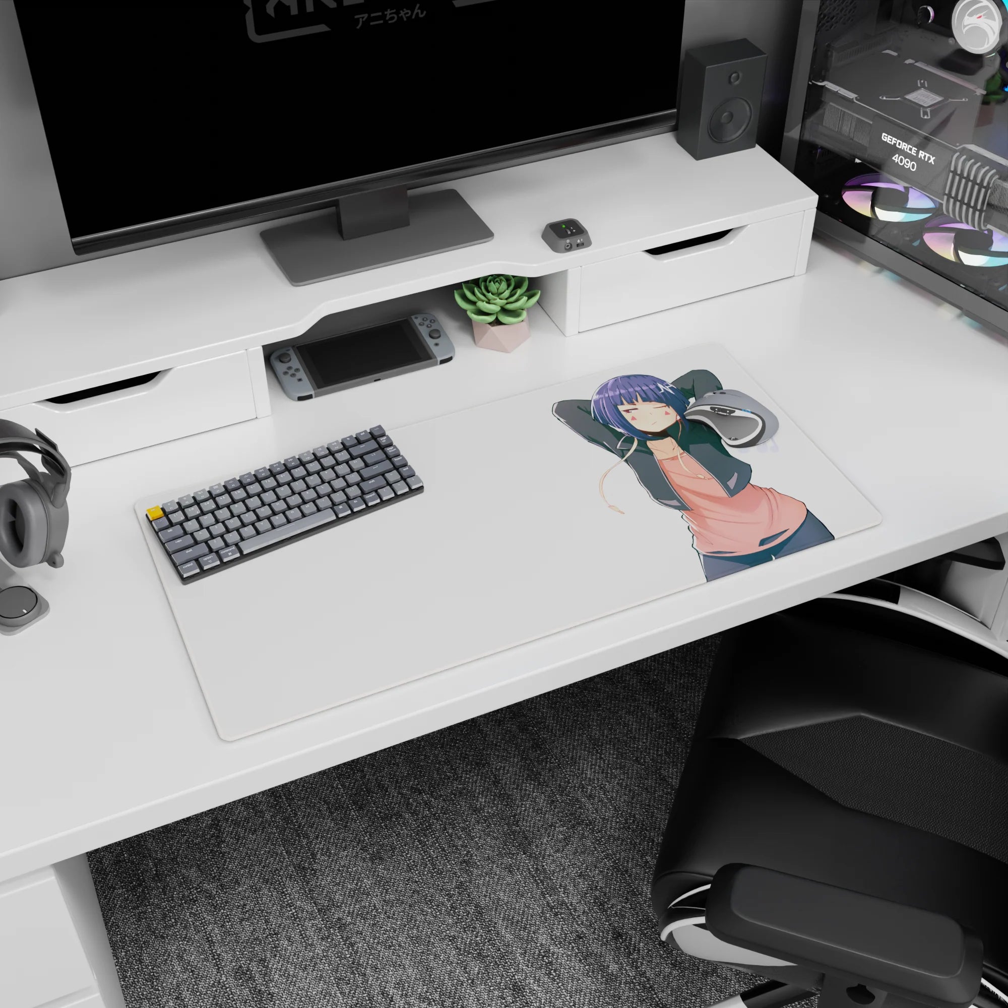 32x16 inches mouse pad showing a short indigo-haired anime girl stretching with dangling earbuds and cheek marks.