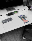 32x16 inches mouse pad showing a short indigo-haired anime girl stretching with dangling earbuds and cheek marks.