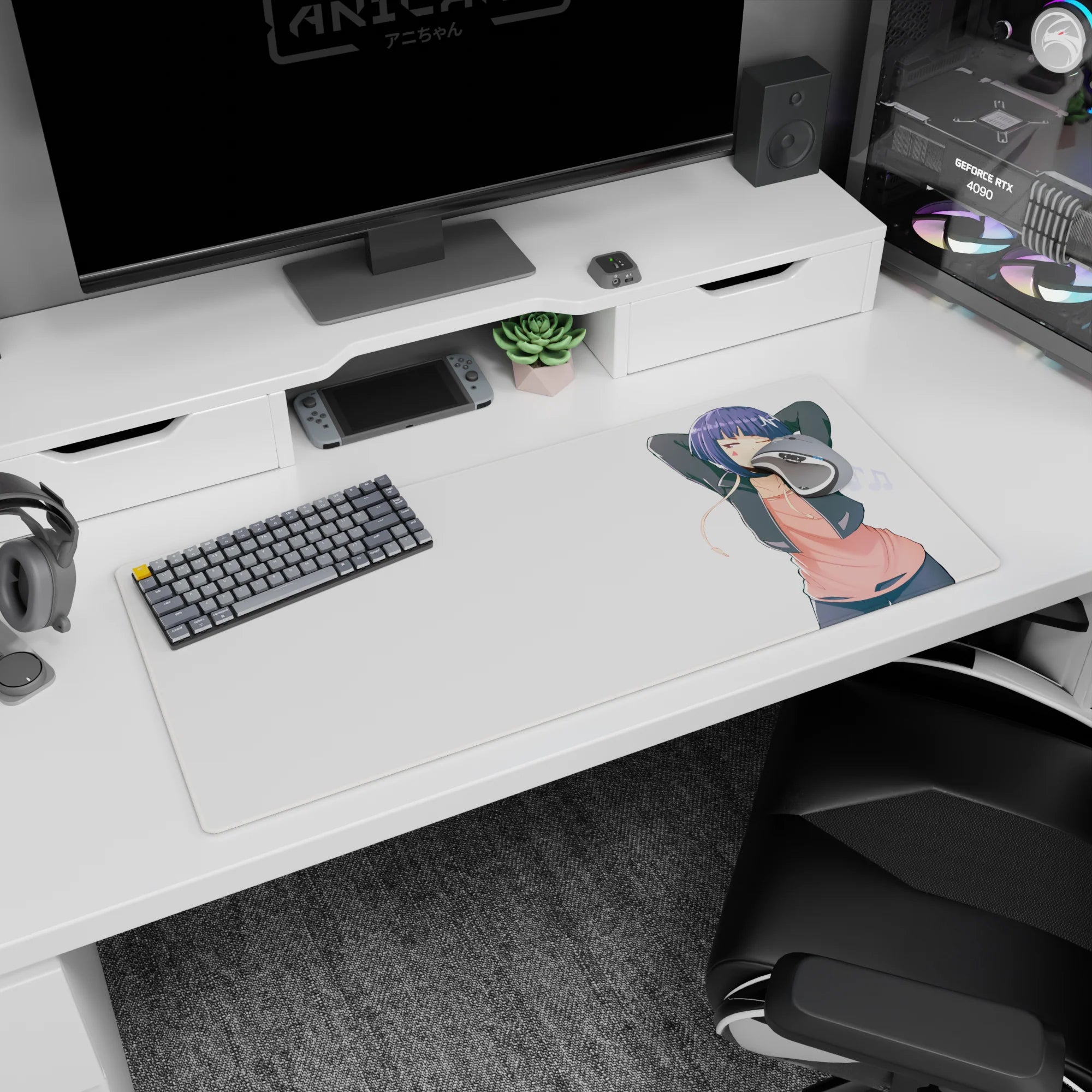 36x16 inches anime mouse pad showing cute girl stretching after music, cheek marks and dangling earbuds.