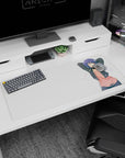 36x16 inches anime mouse pad showing cute girl stretching after music, cheek marks and dangling earbuds.
