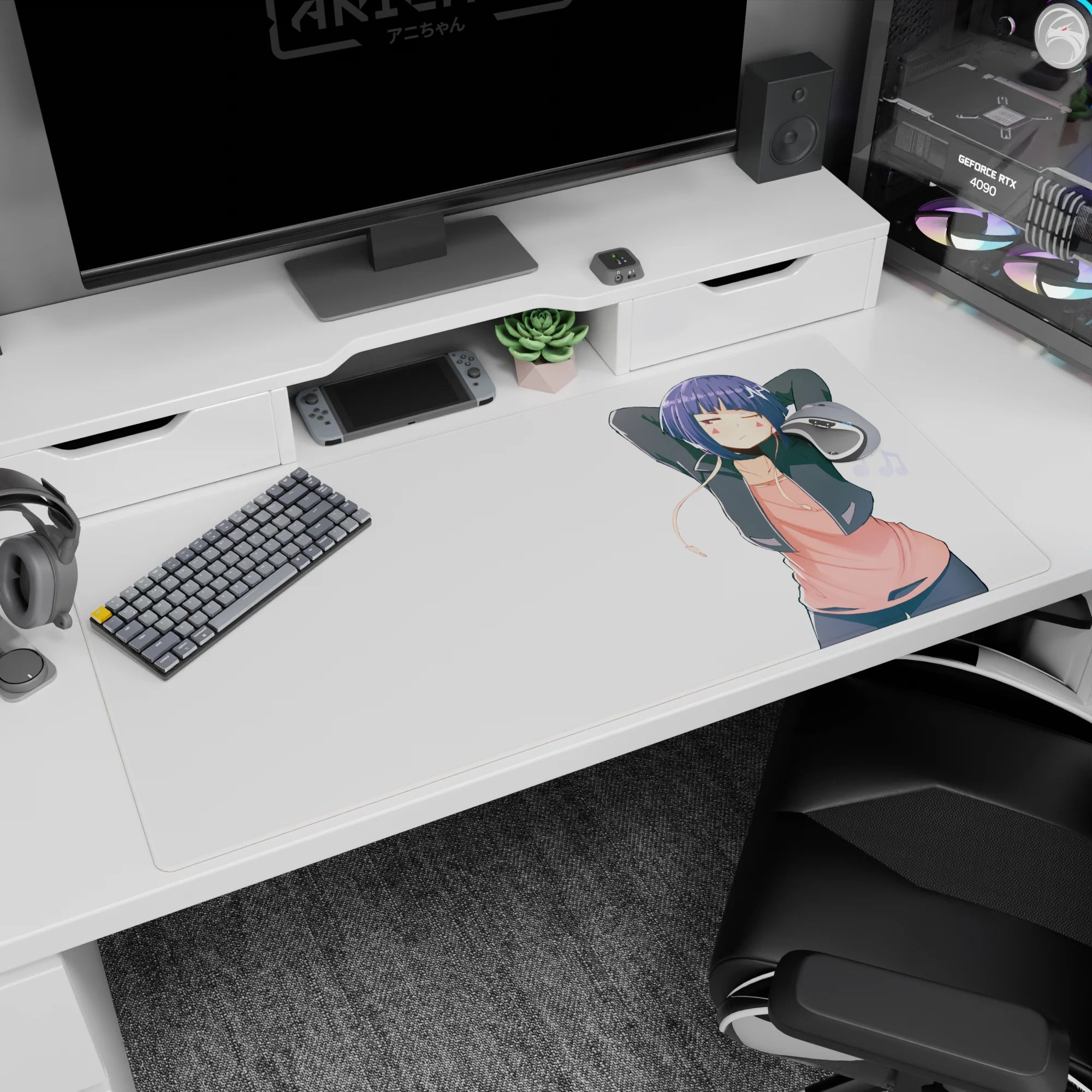 40x20 inches anime desk pad showing a drowsy girl stretching, cheek marks, short indigo hair, earbuds hanging.
