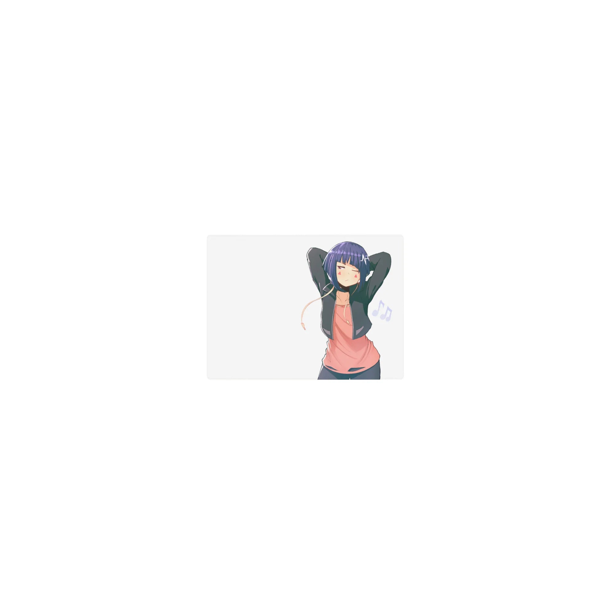 Classic anime girl mouse pad 14x10 inches with sleepy stretch pose, earbuds and floating music notes.