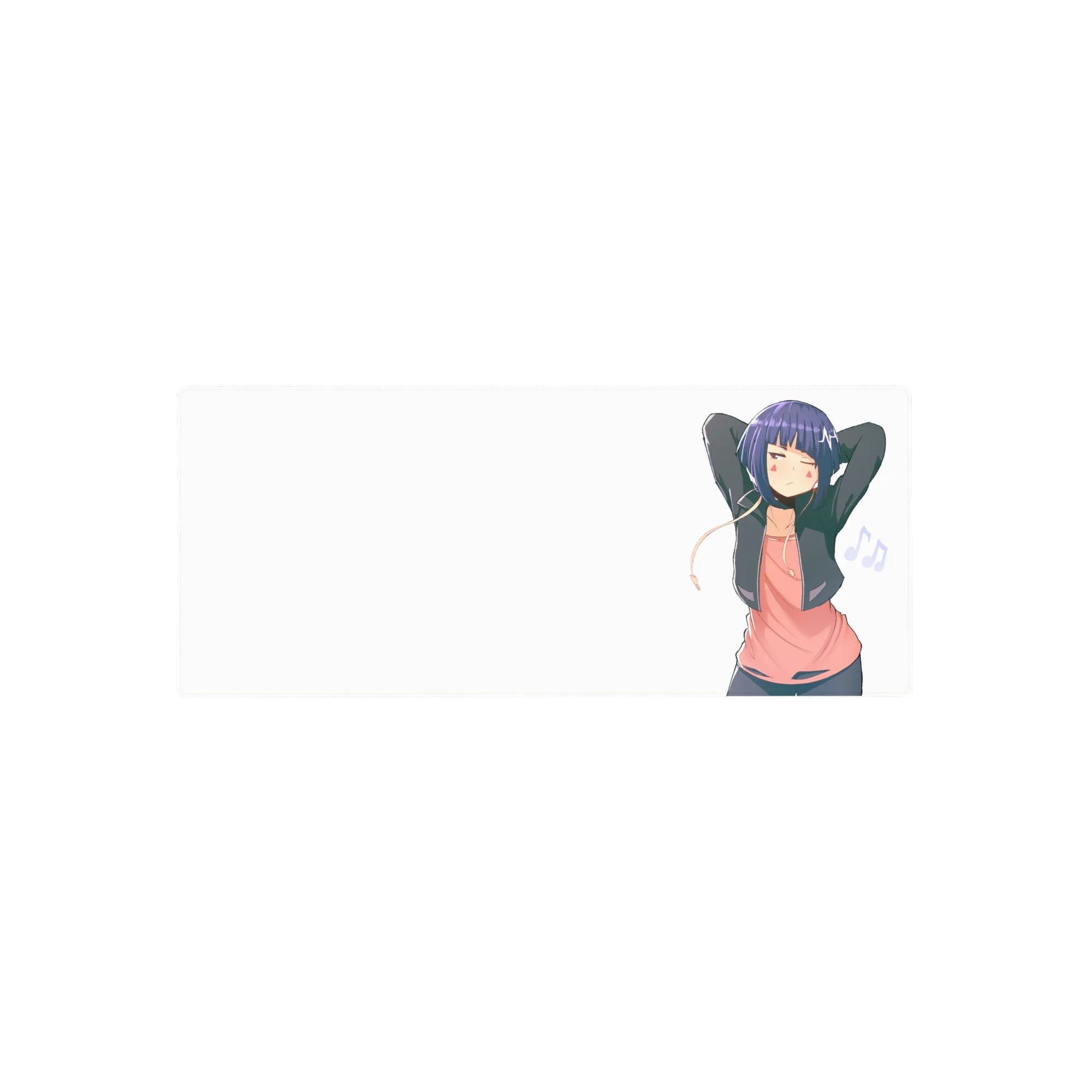 28x12 inches anime girl mouse pad with sleepy indigo-haired girl, earbuds, music notes, clean white background.
