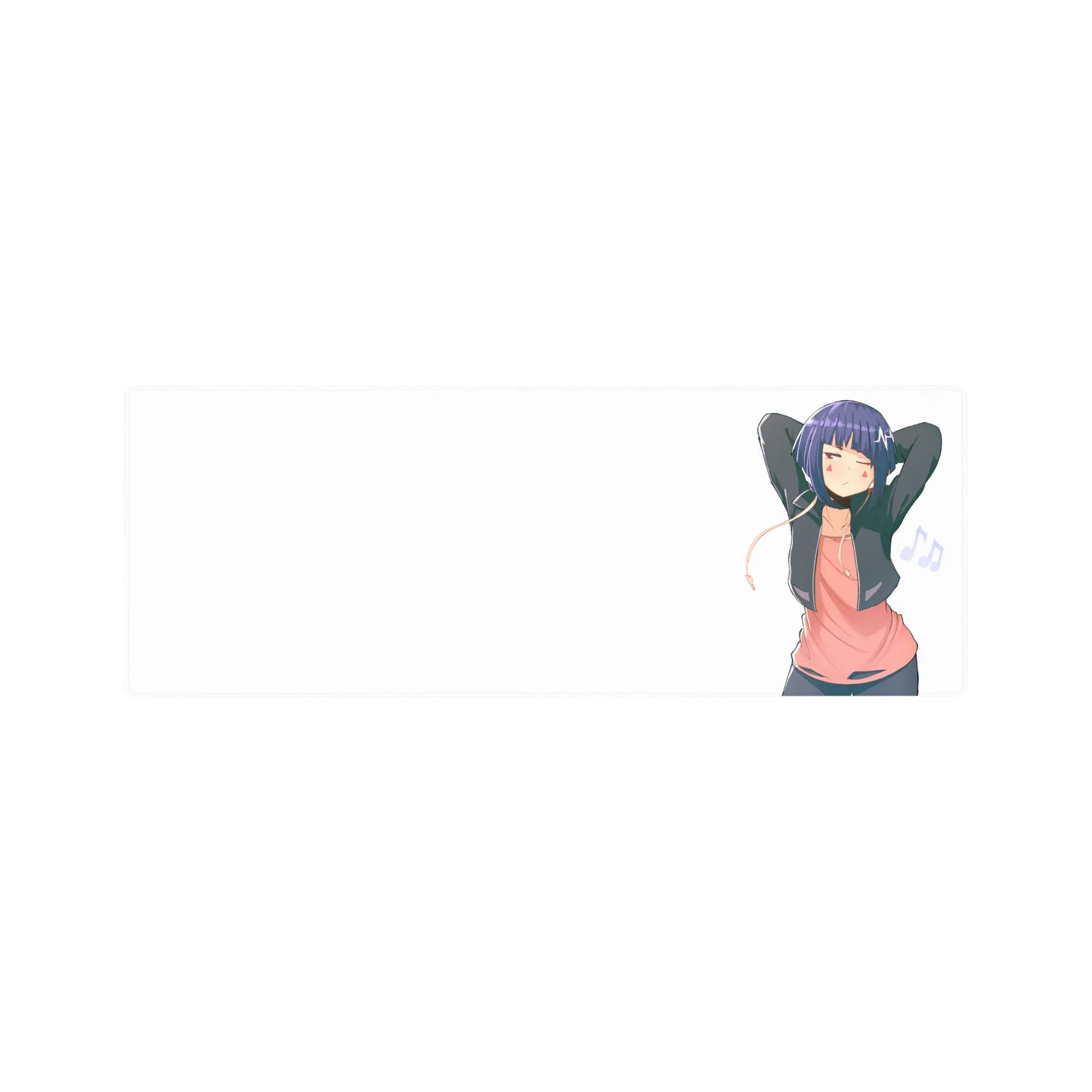 Anime girl mouse pad 32x12 inches with sleepy indigo-haired girl, earbuds, music notes, clean white art.