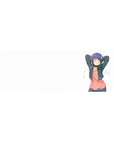 Anime girl mouse pad 32x12 inches with sleepy indigo-haired girl, earbuds, music notes, clean white art.