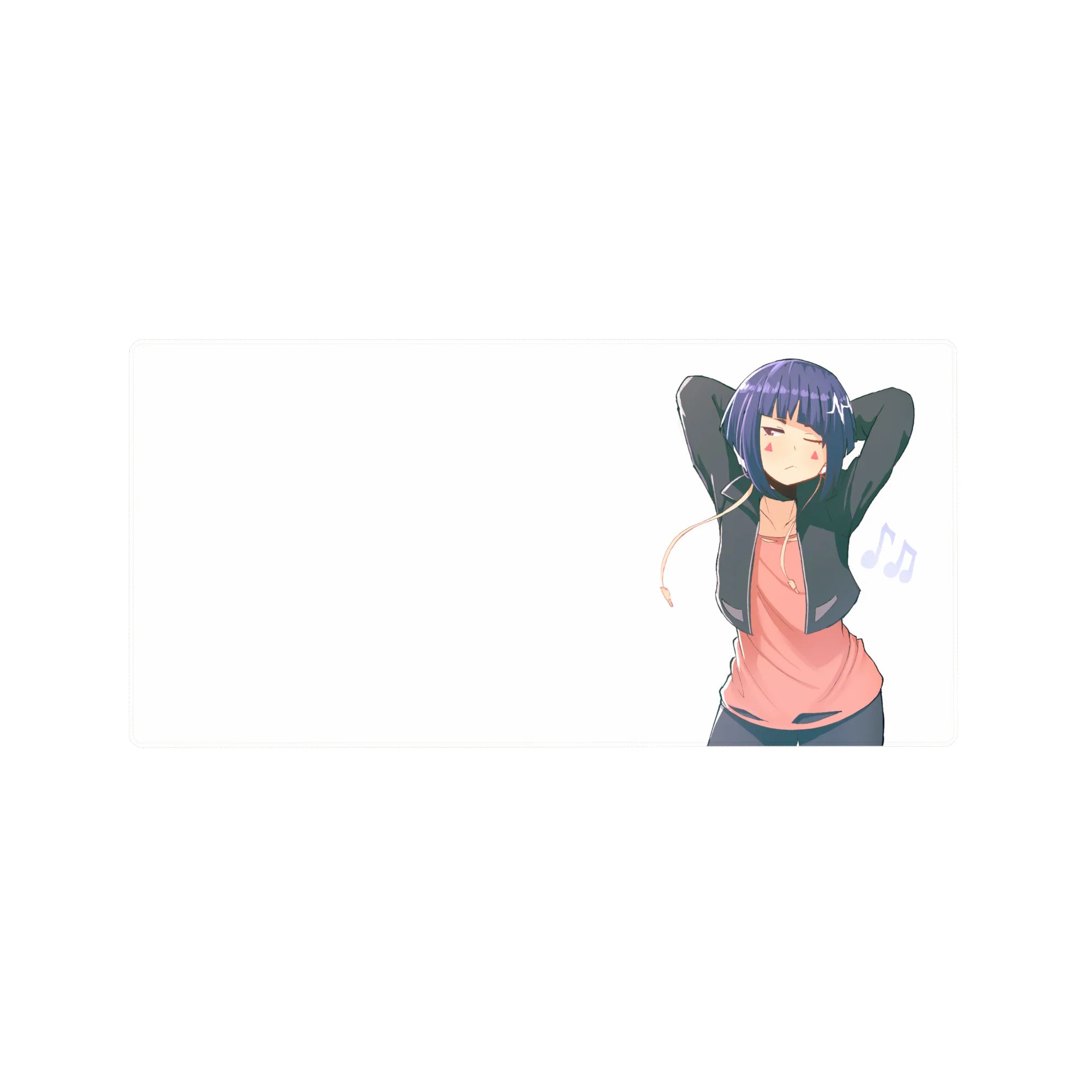 32x16 inches anime girl mouse pad with sleepy stretch pose, earbuds, music notes, clean white background.