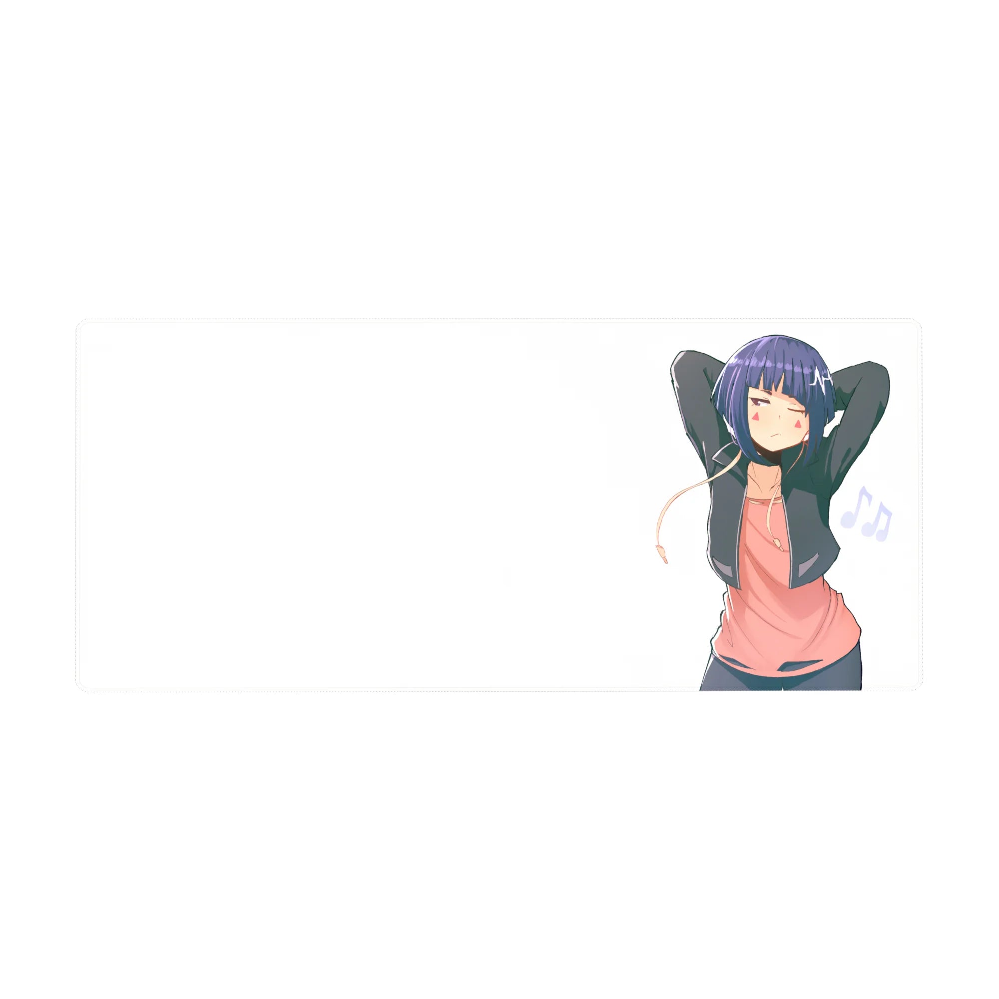 36x16 inches anime girl desk pad with sleepy indigo-haired girl, earbuds, music notes on clean white.