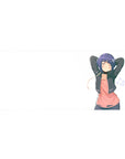 36x16 inches anime girl desk pad with sleepy indigo-haired girl, earbuds, music notes on clean white.