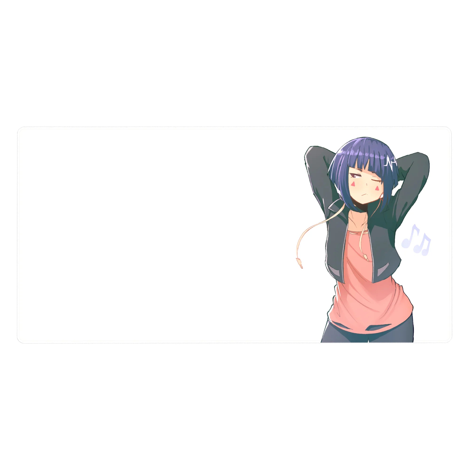 40x20 inches anime girl desk pad with sleepy stretch pose, indigo hair, earbuds, music notes, white backdrop.