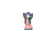 40x20 inches anime girl desk pad with sleepy stretch pose, indigo hair, earbuds, music notes, white backdrop.