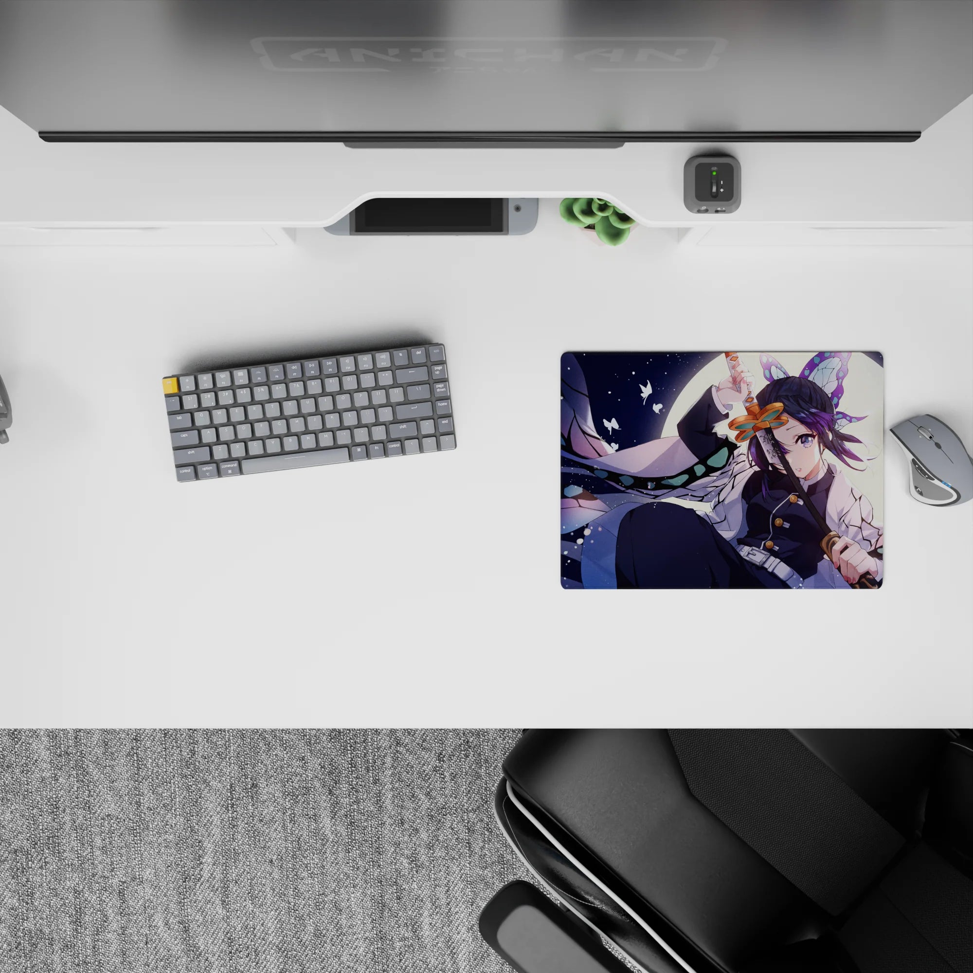 14x10 inch anime mouse pad featuring Shinobu from Demon Slayer, glowing in lavender, navy, and mint with stained glass wings.