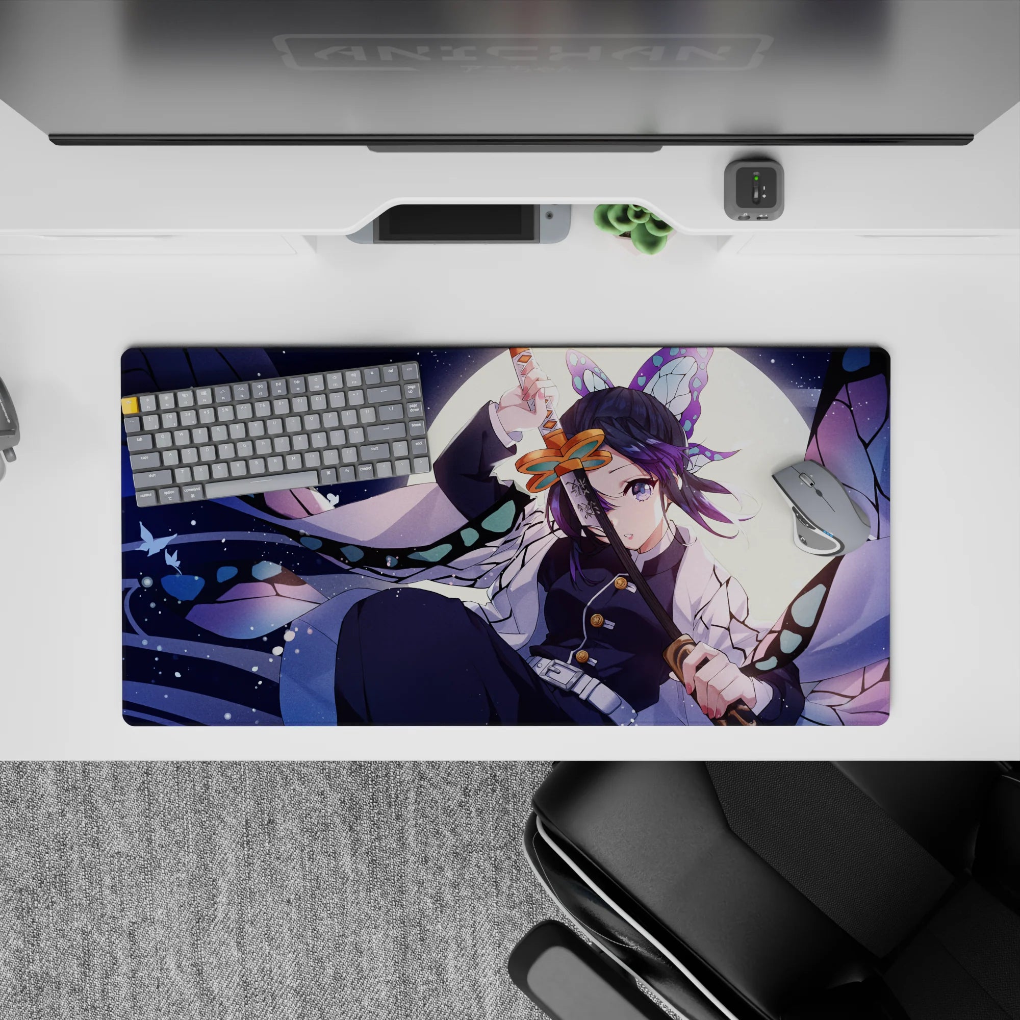 Shinobu from anime, glowing in moonlight on 32x16 inch mouse pad; features lavender, navy, mint, and delicate patterns.