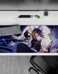 Shinobu anime mouse pad 36x16 inches, featuring her glowing in moonlight, with lavender, navy, and mint hues.