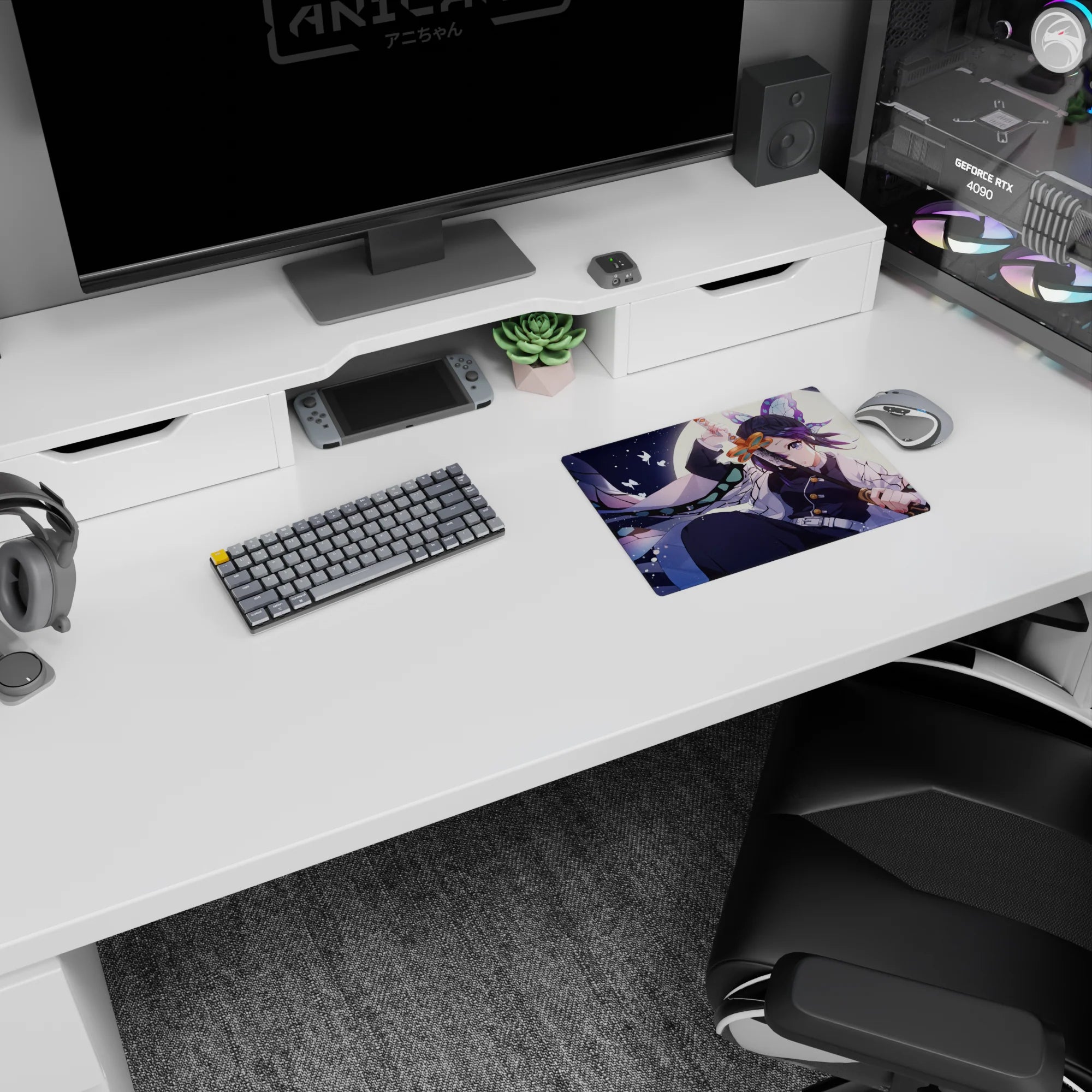 Anime mouse pad 14x10 inches featuring Shinobu from Demon Slayer, glowing in lavender, navy, and mint with delicate patterns.