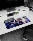 Anime mouse pad 28x12 inches featuring Shinobu from Demon Slayer with lavender, navy, and mint hues, ethereal design.