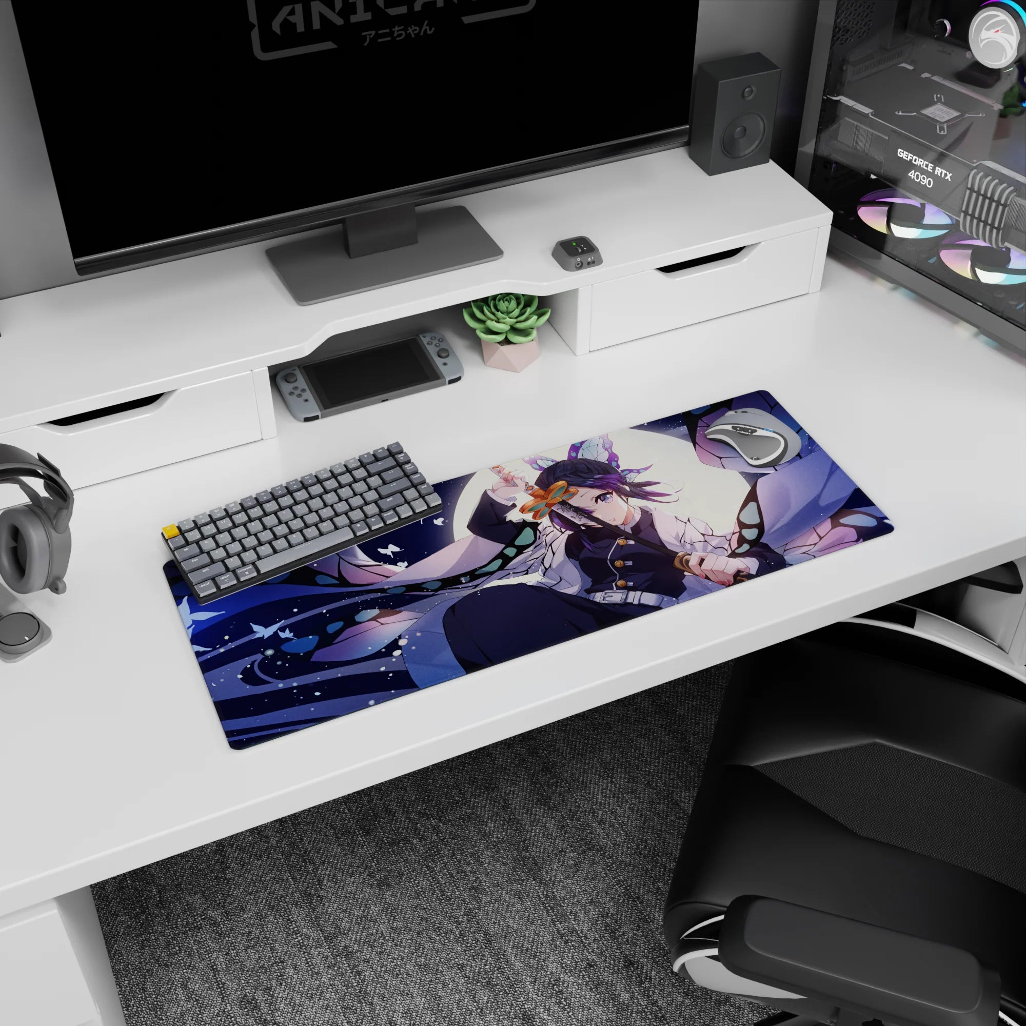 Anime mouse pad 32x12 inches featuring Shinobu from Demon Slayer, with lavender, navy, and mint hues, showcasing her ethereal wings.