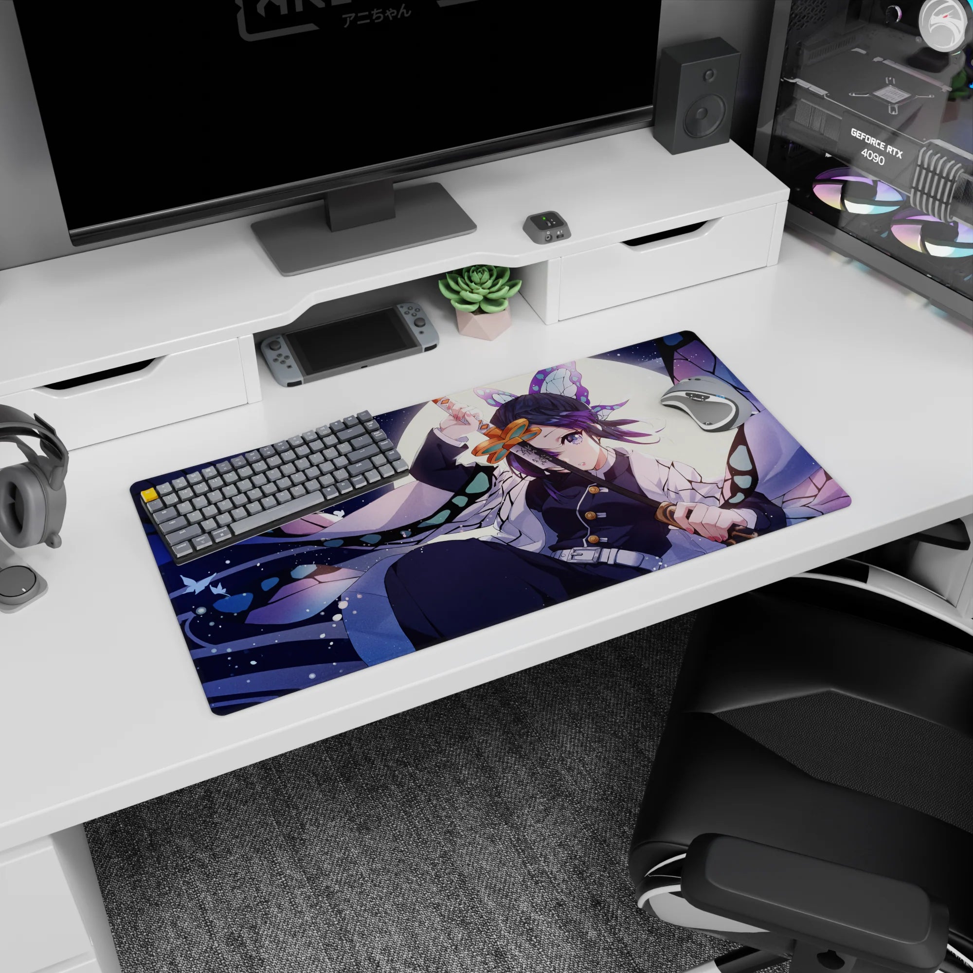 Anime mouse pad 32x16 inches featuring Shinobu in moonlit hues of lavender, navy, and mint, with delicate stained glass wings.