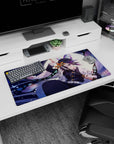 Anime mouse pad 32x16 inches featuring Shinobu in moonlit hues of lavender, navy, and mint, with delicate stained glass wings.