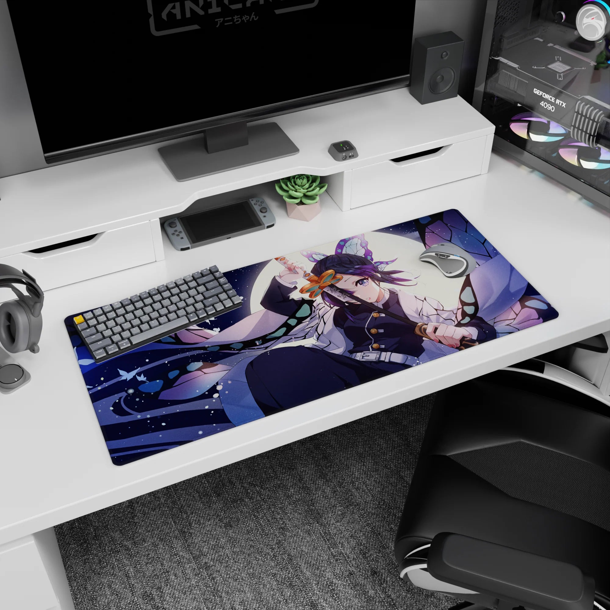 Anime desk pad 36x16 inches featuring Shinobu with lavender, navy, and mint hues, capturing a serene, moonlit aura.
