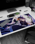 Anime mouse pad with Shinobu from Demon Slayer, 40x20 inches, featuring lavender, navy, mint hues and delicate patterns.
