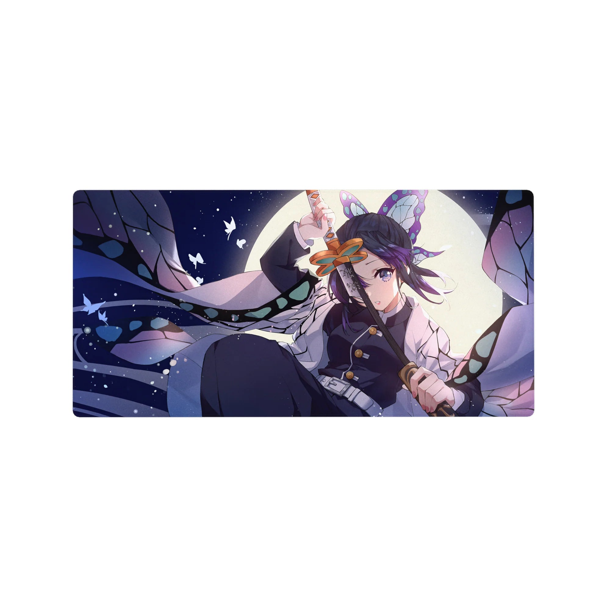 Shinobu anime mouse pad 32x16 inches, features moonlit wings in lavender, navy, and mint, evoking serene midnight dreams.