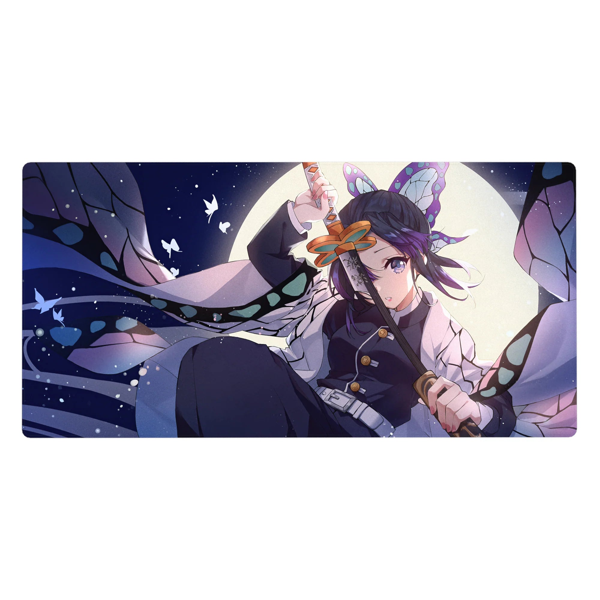 Desk pad featuring Shinobu from anime, 40x20 inches, with lavender, navy, and mint colors; detailed stained glass wings.