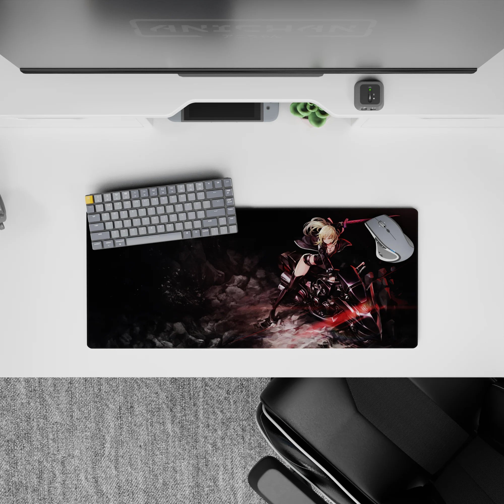 28x12 inches anime girl mouse pad in black and charcoal with smoky rocks and sharp red light streaks.