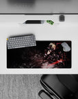 28x12 inches anime girl mouse pad in black and charcoal with smoky rocks and sharp red light streaks.