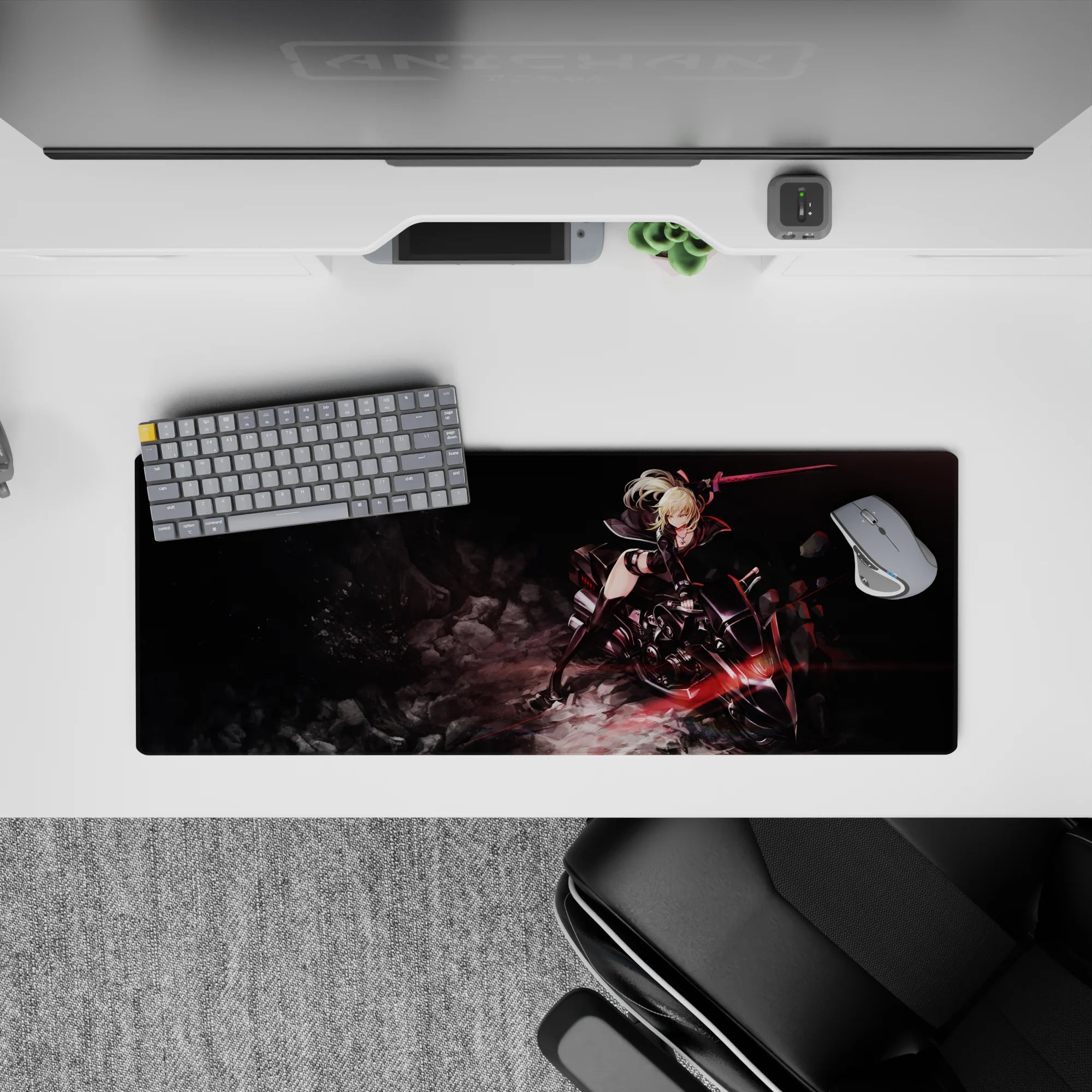 32x12 inches anime girl mouse pad in charcoal shadows with smoky rocks and sharp red light streaks.